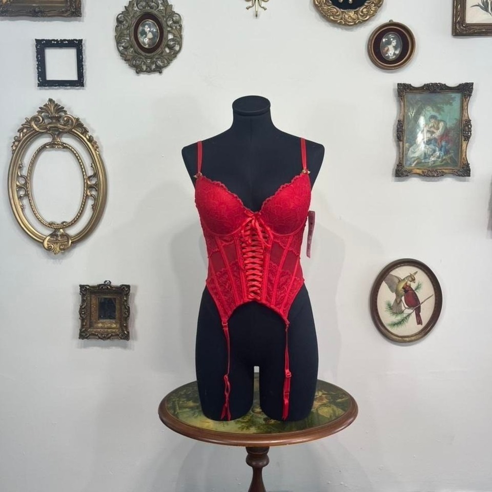 René Rofé Red Lace Y2K Style Bustier | Push-Up Corset Garter Top | Large